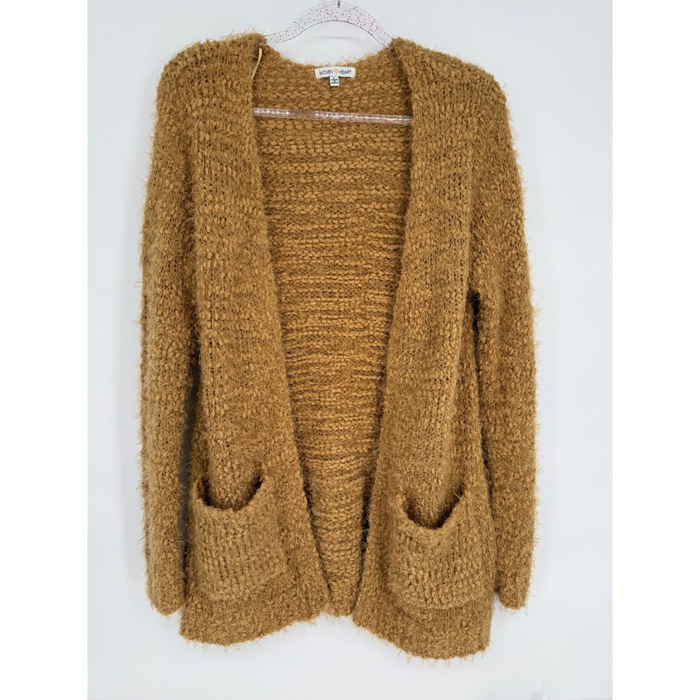 Woven Heart Gold Fuzzy Knit Open‎ Front Cardigan Sweater Women Sz L